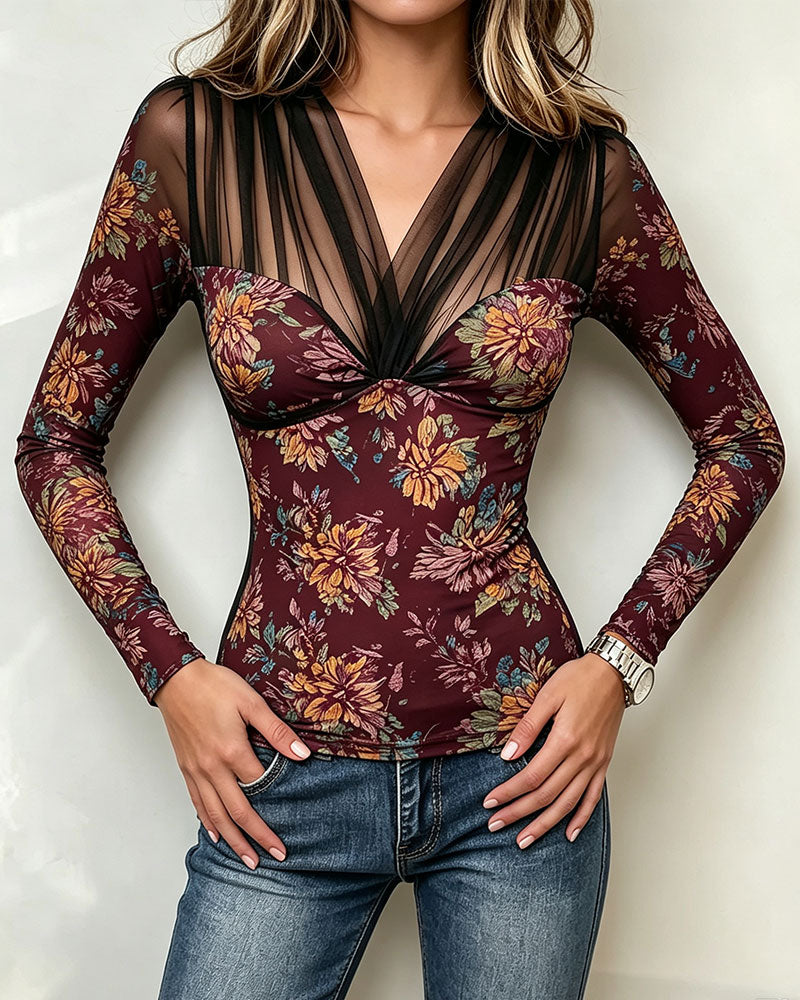 V-Neck Floral Casual Top