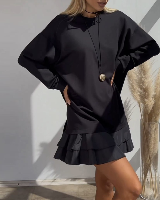 Loose Solid Color Dress with Patchwork