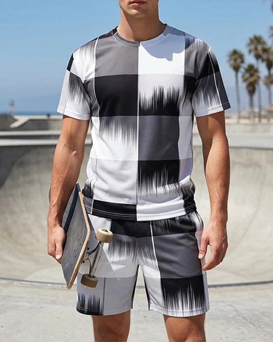 Black and White Gradient Plaid Short Sleeve Set