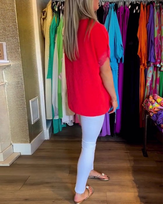 Spliced lace v-neck solid color top