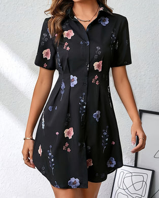 Printed Short Sleeve Lapel Dress