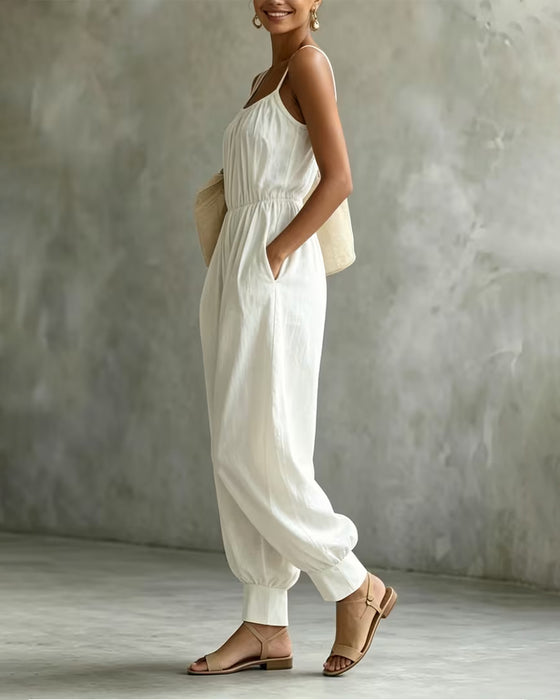 Spaghetti Strap Pleated Waist-Cinching Wide Leg Jumpsuit