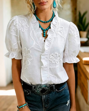 V-Neck Ruffle Trim Puff Sleeve Blouse