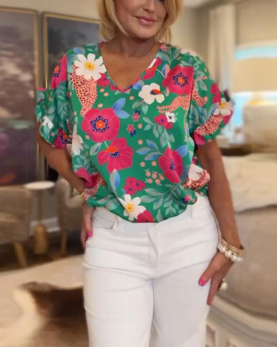 V-Neck Floral Print Short-Sleeved Blouse