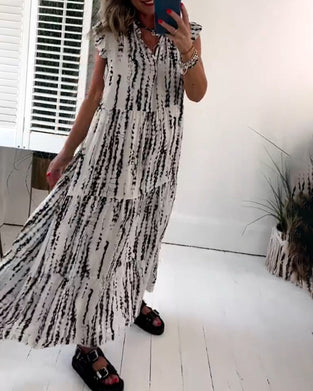 Fly Sleeve Printed V-Neck Dress