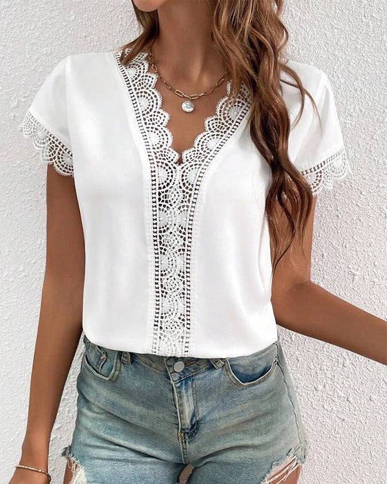 Lace Hollow Solid Color T-Shirt