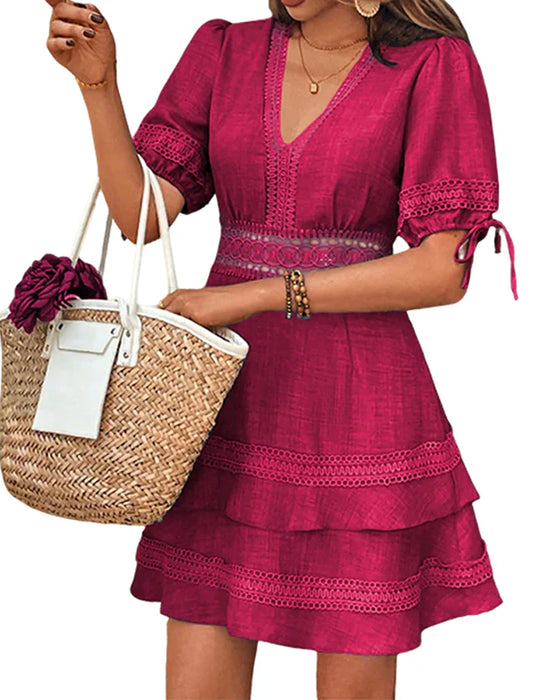 V-Neck Tiered Solid Lace Patchwork Dress