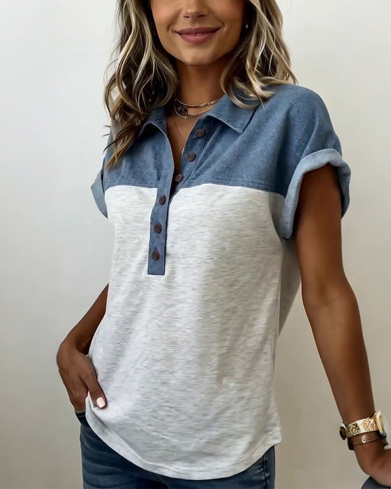 Button-Down Patchwork Turn-Down Collar T-Shirt
