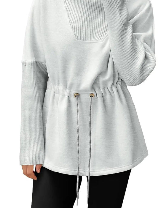 High Collar Long Sleeve Waist Drawstring Sweatshirt