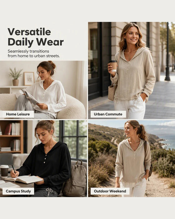 Solid Button Hooded Long Sleeve Top