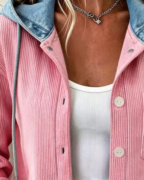 Hooded Ribbed Denim Patchwork Buttoned Coat