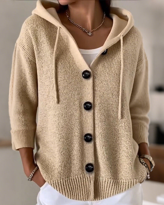 Solid Color Hooded Single-Breasted Cardigan