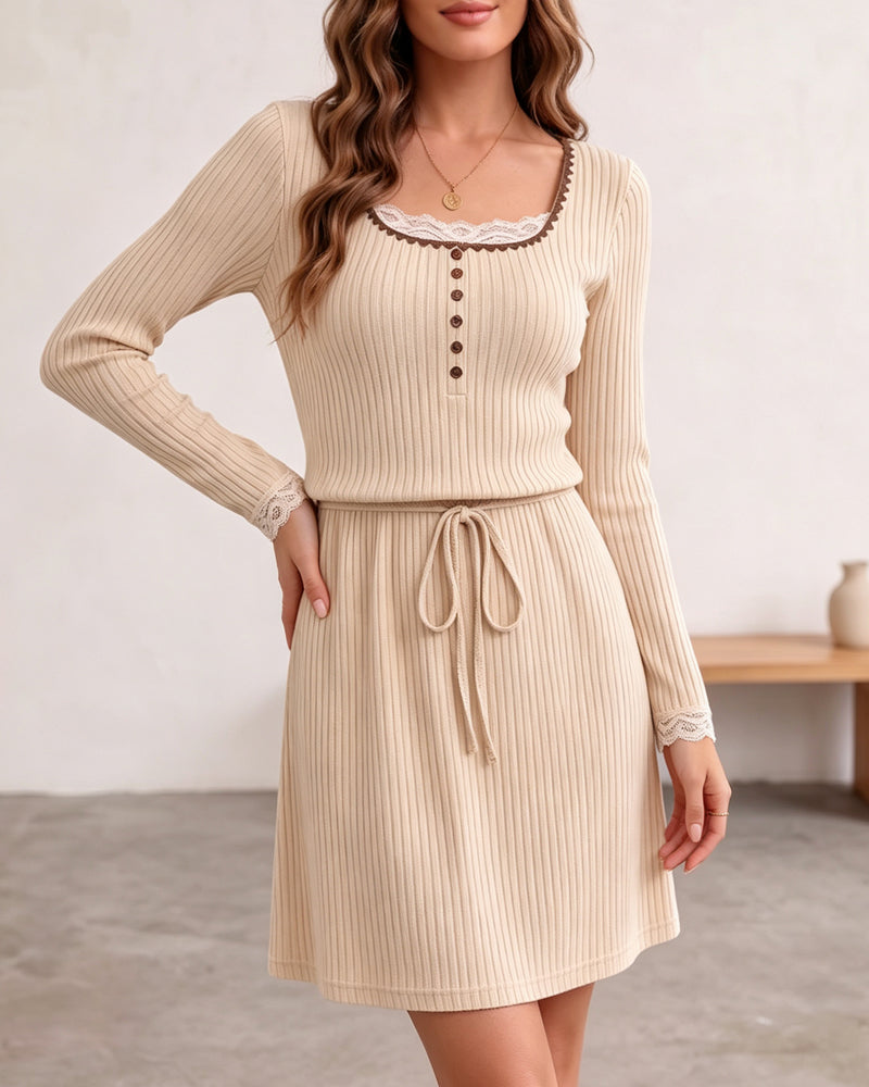 U-Neck Lace Button Drawstring Ribbed Dress