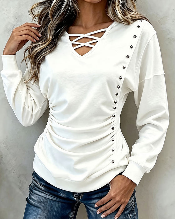 Draped V-Neck Wrap Long-Sleeve Top