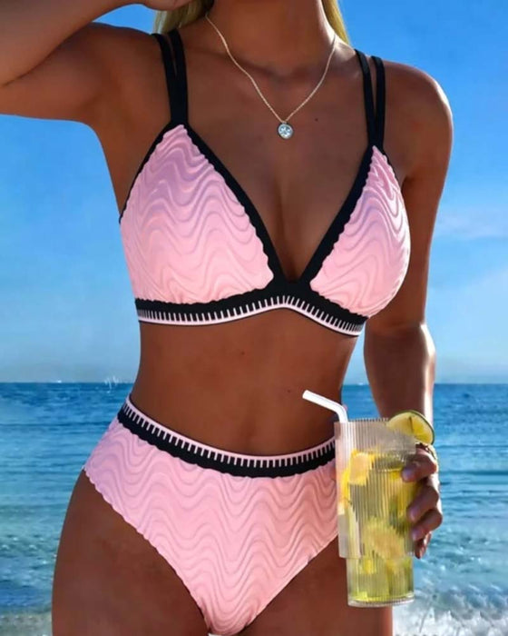 Color Block Double Strap Textured Bikini