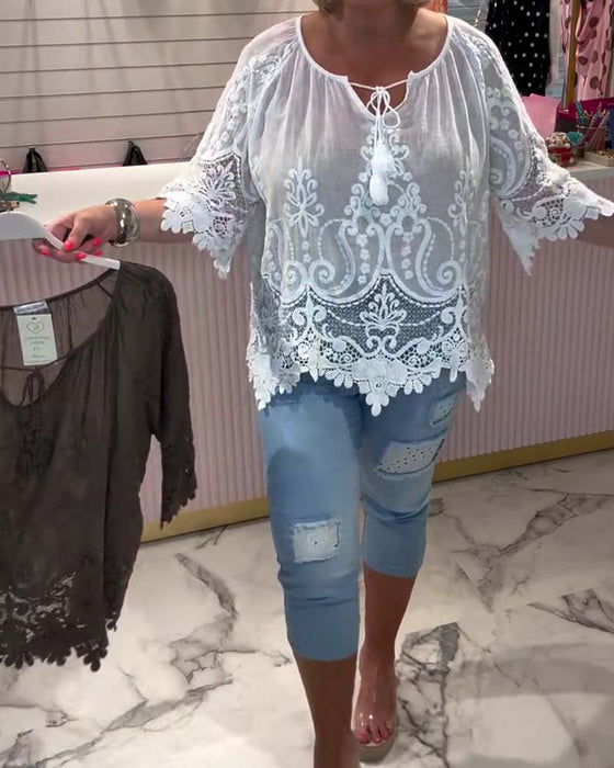 Lace-Up See-Through Lace Patchwork Blouse