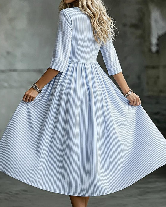 Striped Crew Neck High Waist Three-Quarter Sleeve Dress