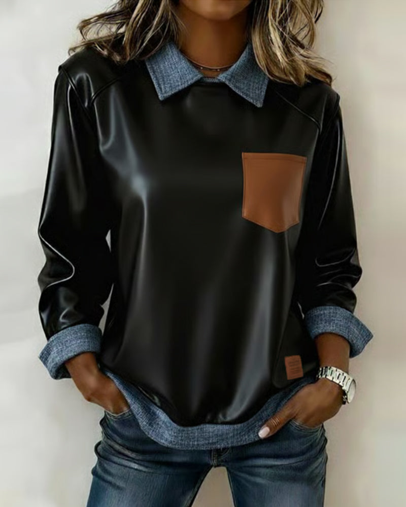PU Color Block Lapel Sweatshirt