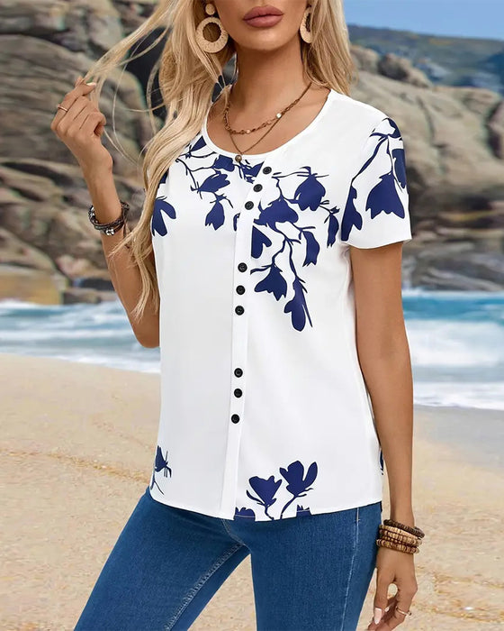 Casual Round Neck Irregular Print T-Shirt
