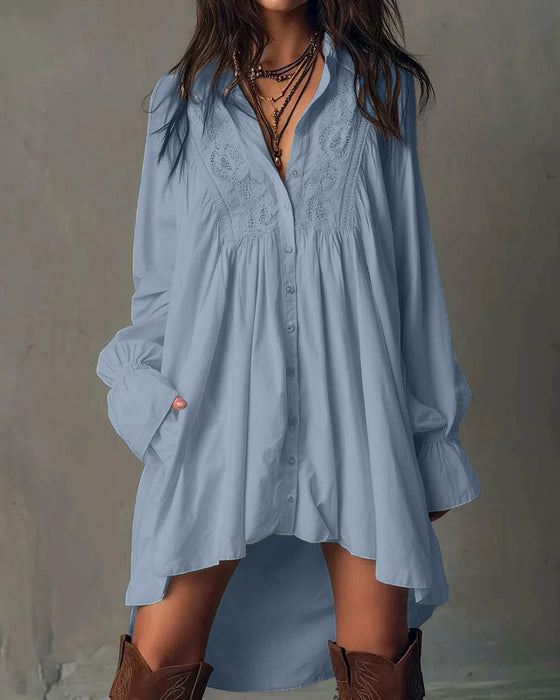 Lace-Paneled Lantern-Sleeve Dress