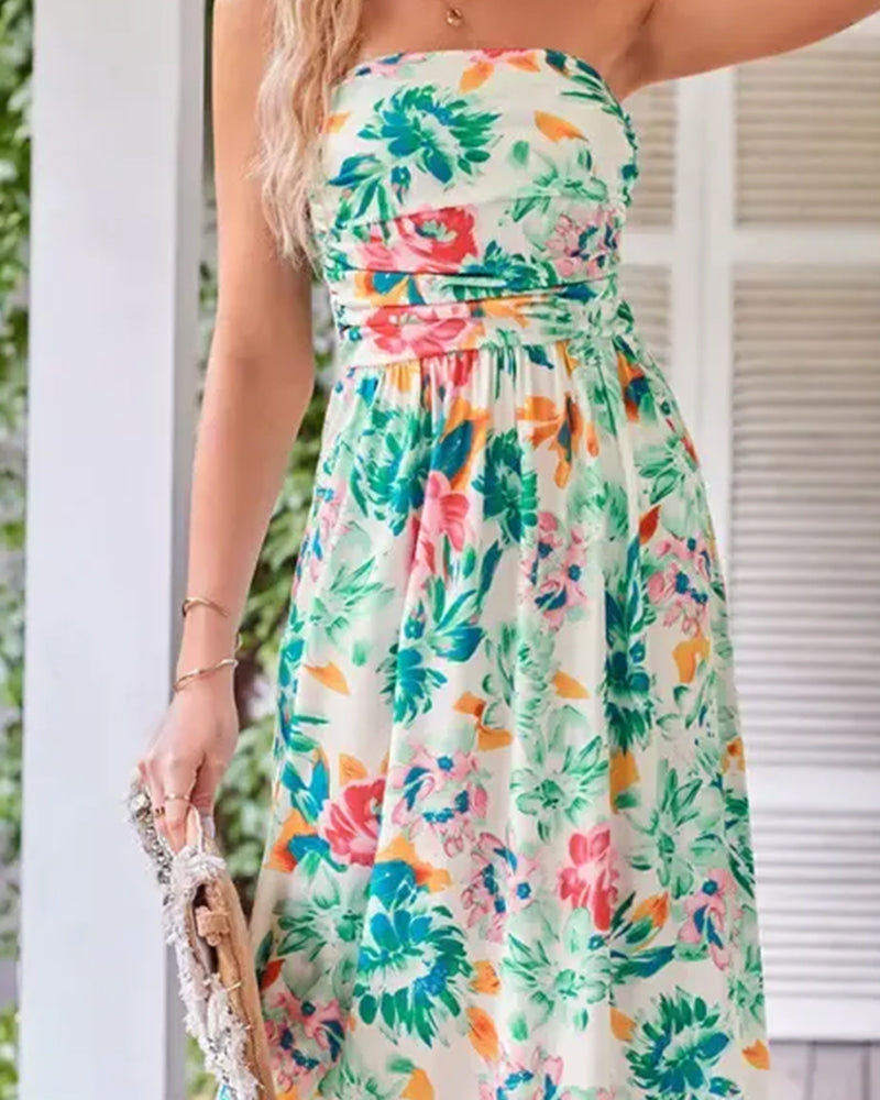 Floral Strapless Waist A-Line Dress