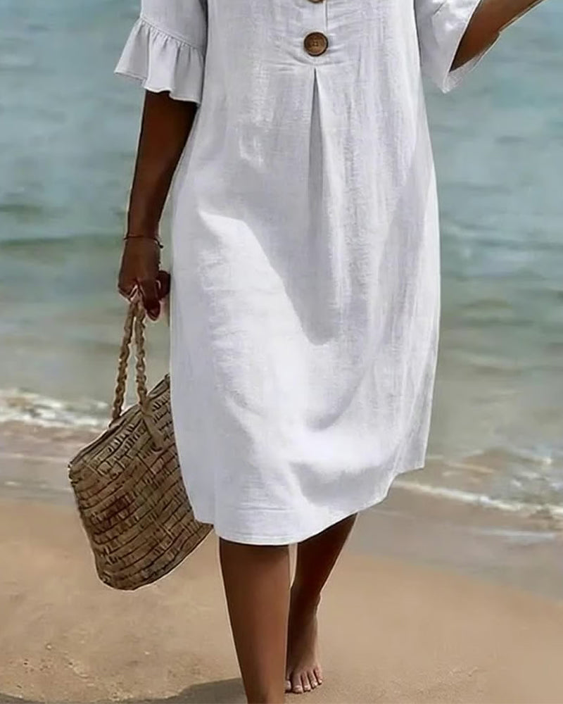 Button Ruffle Sleeve 100% Cotton Dress