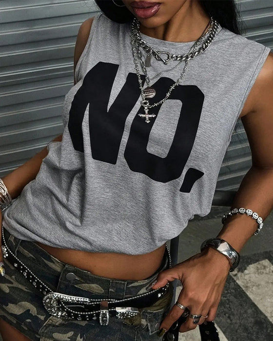 Round Neck Sleeveless Letter Solid T-Shirt