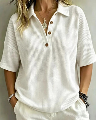 Button Front V-Neck Waffle T-Shirt