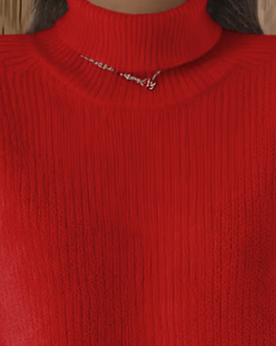 Solid Color Turtleneck Straight Shoulder Sweater