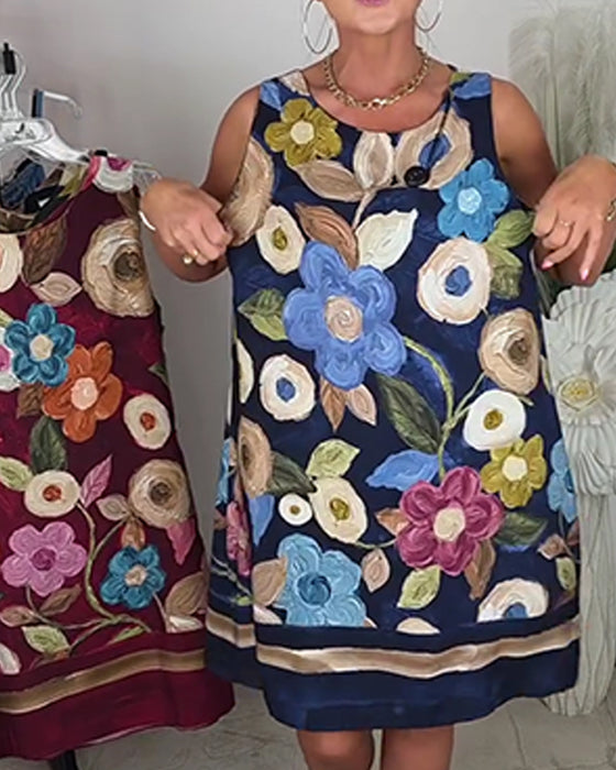 Oil Painting Floral Sleeveless Shift Dress