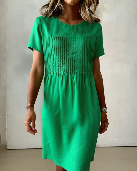 Round Neck Pleated Casual Dress