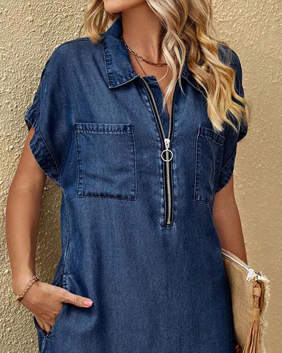 Zipper Lapel Short Sleeve Shirt Dress