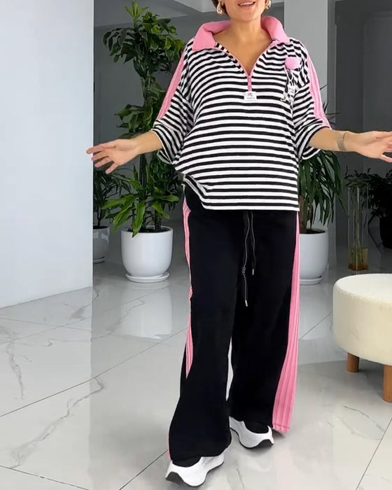 Striped Print Loose Pants Suit