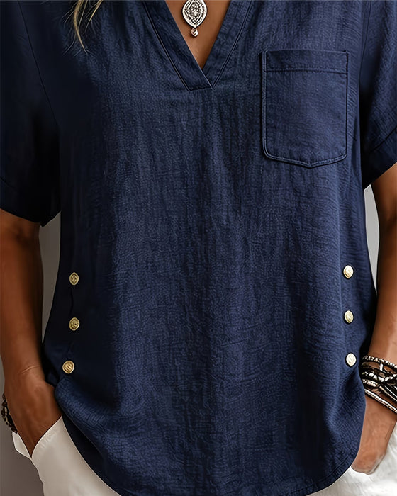 V-Neck Short Sleeve Loose Blouse