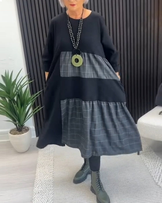 Casual plaid patchwork pocket dress