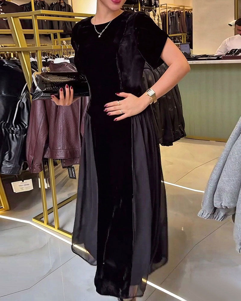 Round Neck Pleated Slim Fit Large Skirt Dress