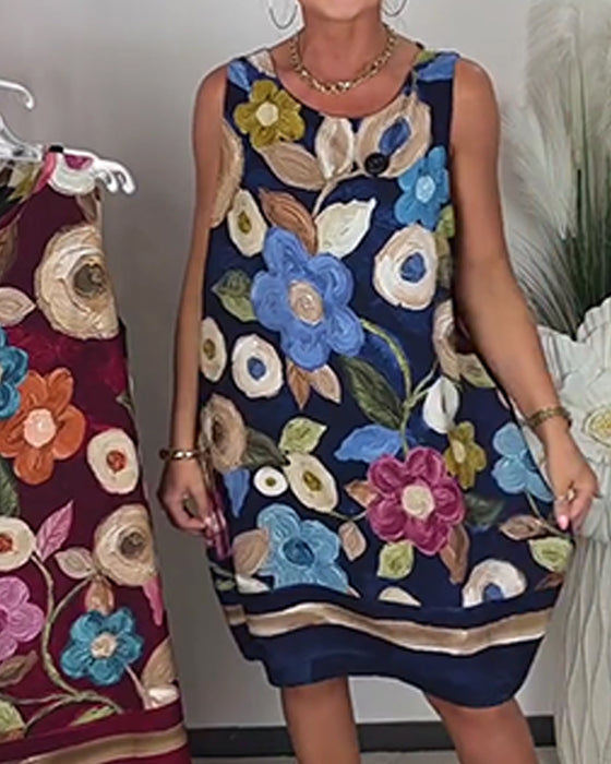 Oil Painting Floral Sleeveless Shift Dress