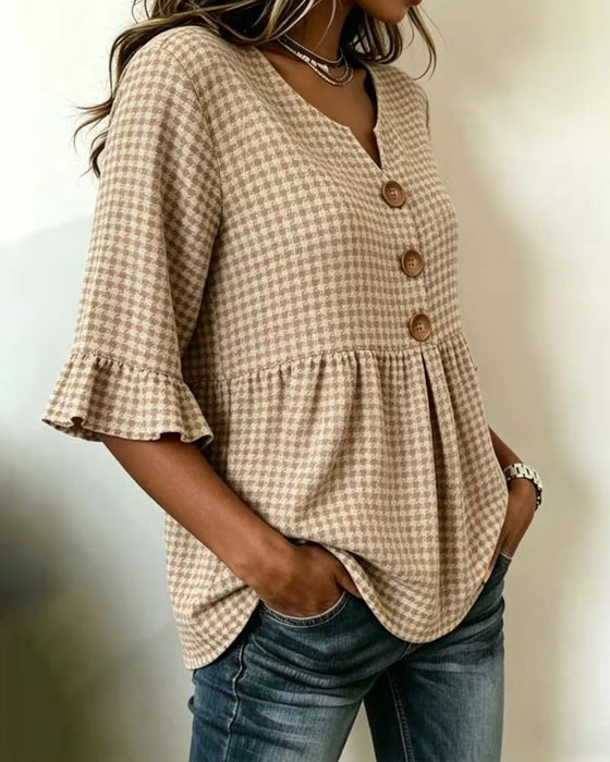 Houndstooth Three-Button Casual Blouse