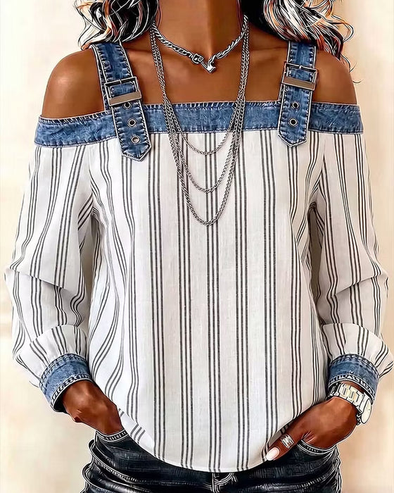 Denim Off-Shoulder Stripe Panel Blouse