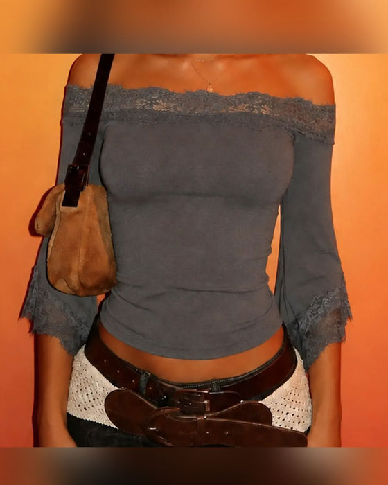 Lace Spliced Off-Shoulder Slim-Fit Top