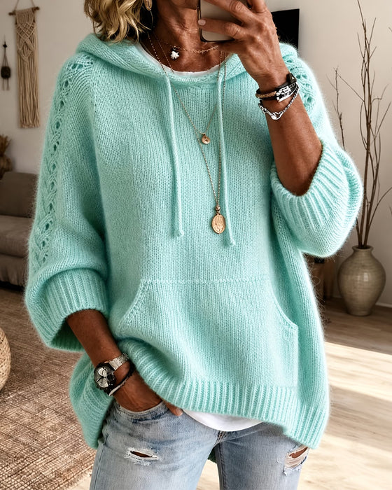 Hooded Hollow Drawstring Pocket Pullover