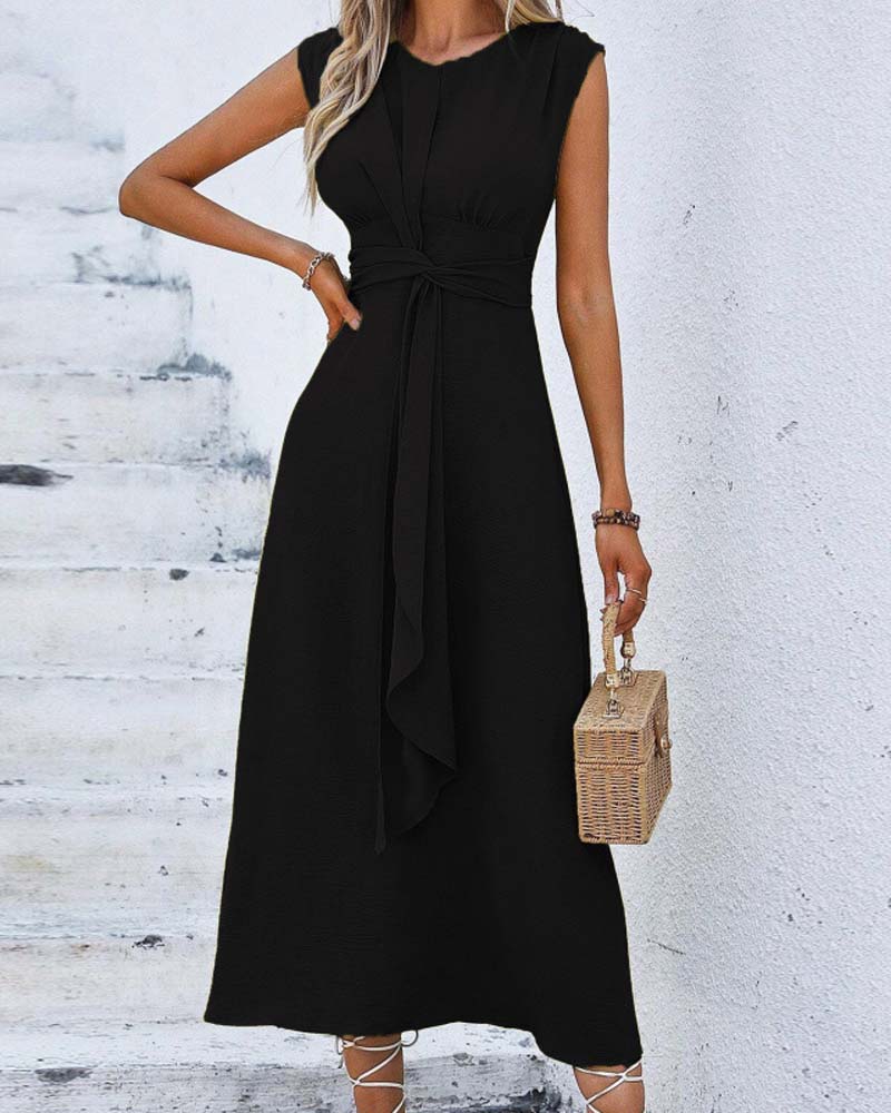 Solid Color Cinched Waist Tie Dress