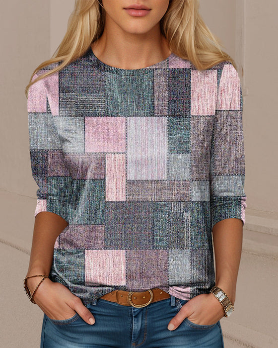Color block checkered long sleeve top