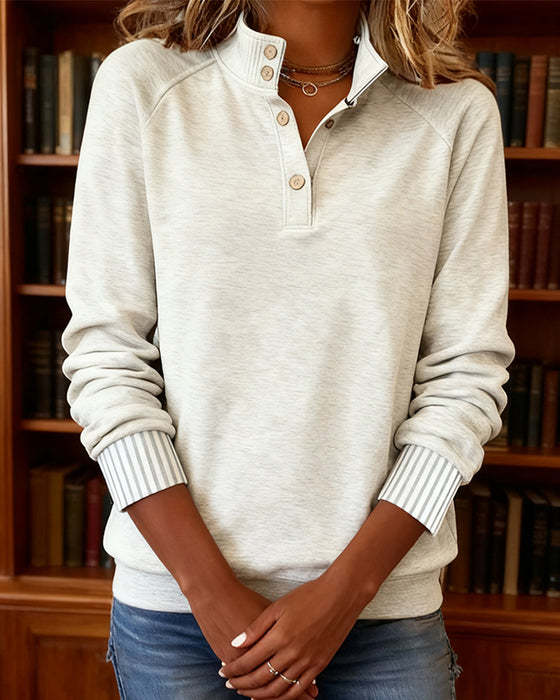 Solid Color Vertical Striped Cuff Sweatshirt