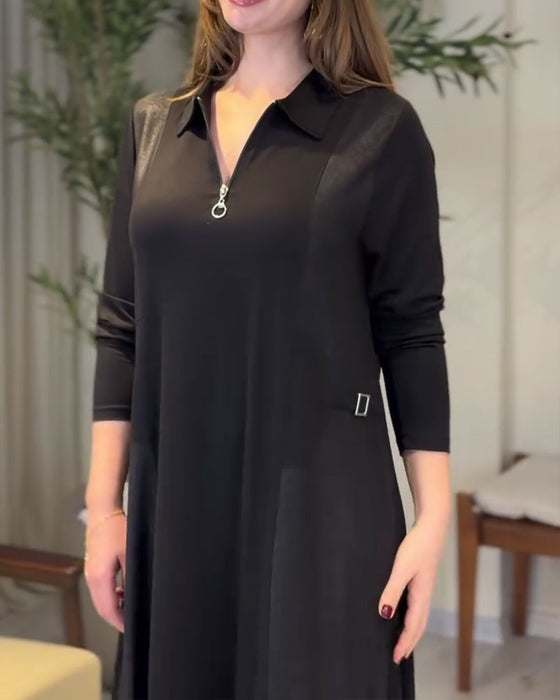 Solid Color Zipper Lapel Dress