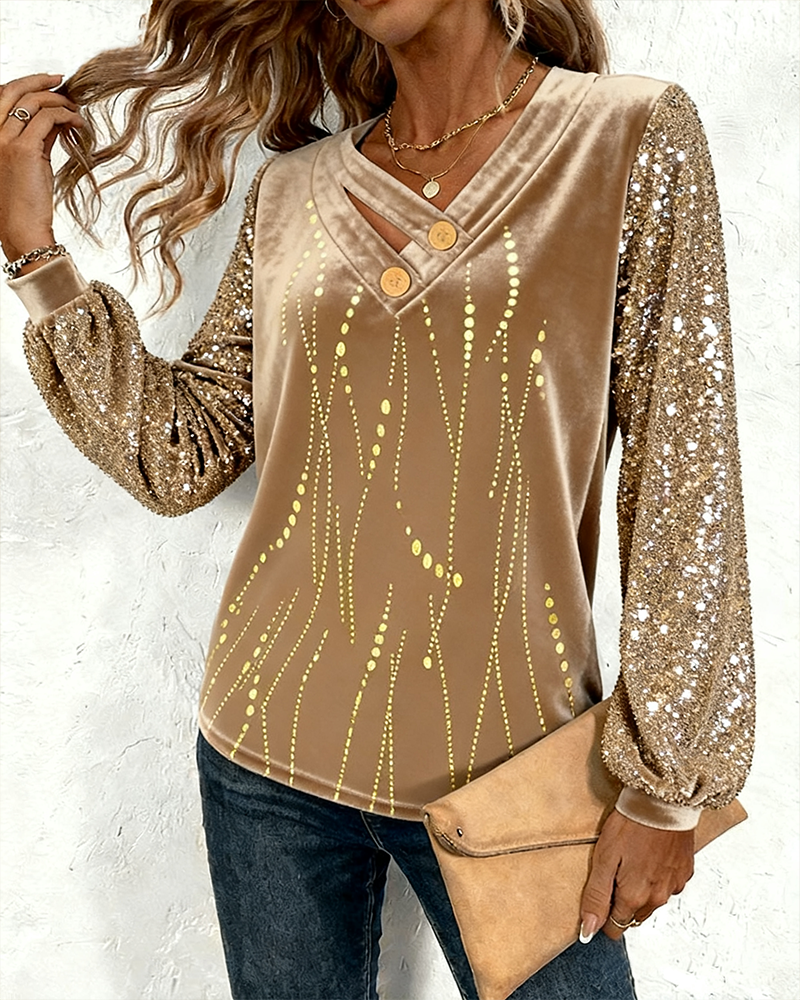 V-Neck Sequined Velvet Patchwork Top