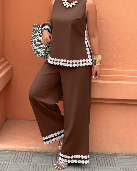 Sleeveless Crew Neck Top Wide Leg Long Pants Set