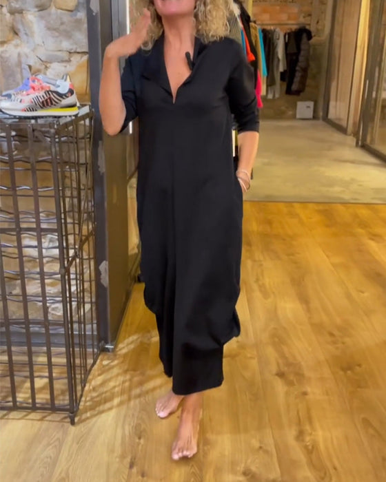 olid color dress with V-neck and A-line