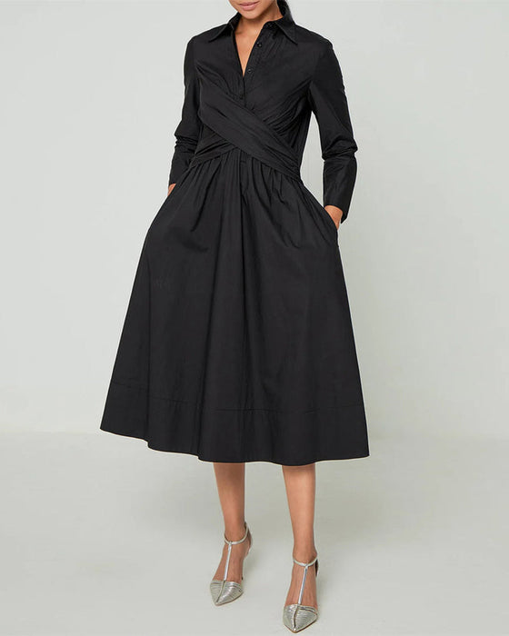 Lapel Cross Straped Dress with Pockets