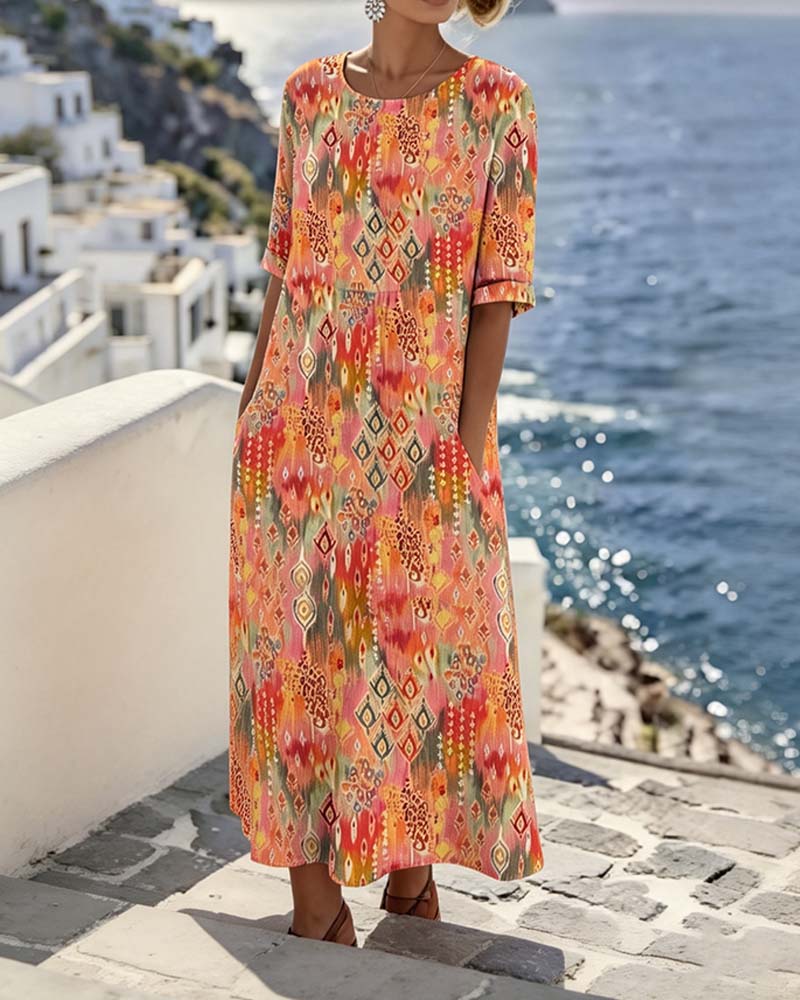 Round Neck Resort Print Dress